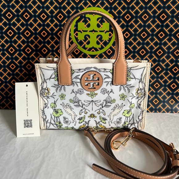 Tory Burch Ella Printed Nylon Mini Tote Bag Crossbody Meadow Gold Green Cream - Picture 1 of 9
